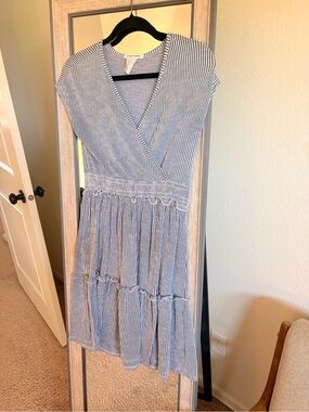 Caution To The Wind Blue and White Striped Midi Dress